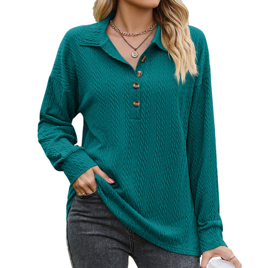 Autumn Winter Solid Color Polo Collar Button Loose Long Sleeve Sweatershirt Coat Women