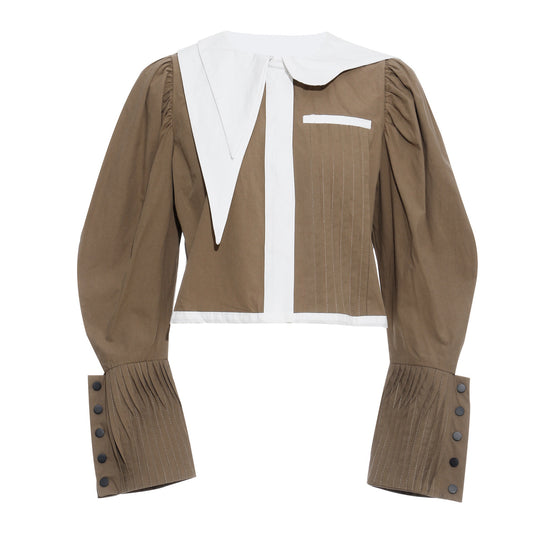 Autumn Winter French Minority Design Asymmetric Color Effect Collar Gigot Sleeve Short Shirt Jacket