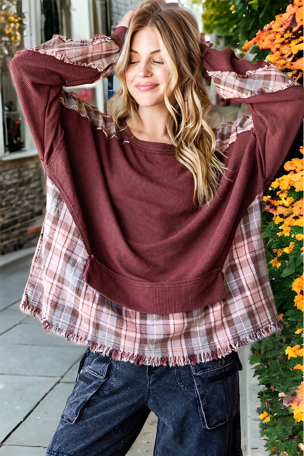 Ladies Autumn Top Cotton Waffle Plaid Stitching Washed Frayed Hem Design Loose Sweater