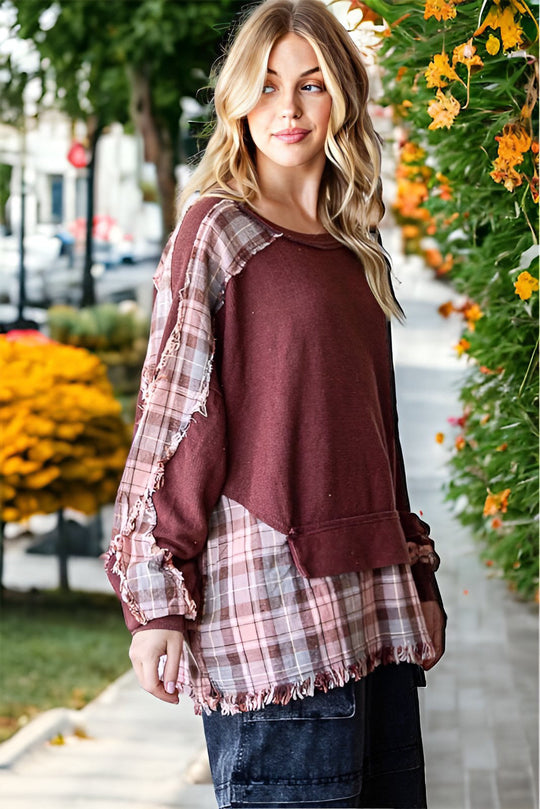 Ladies Autumn Top Cotton Waffle Plaid Stitching Washed Frayed Hem Design Loose Sweater