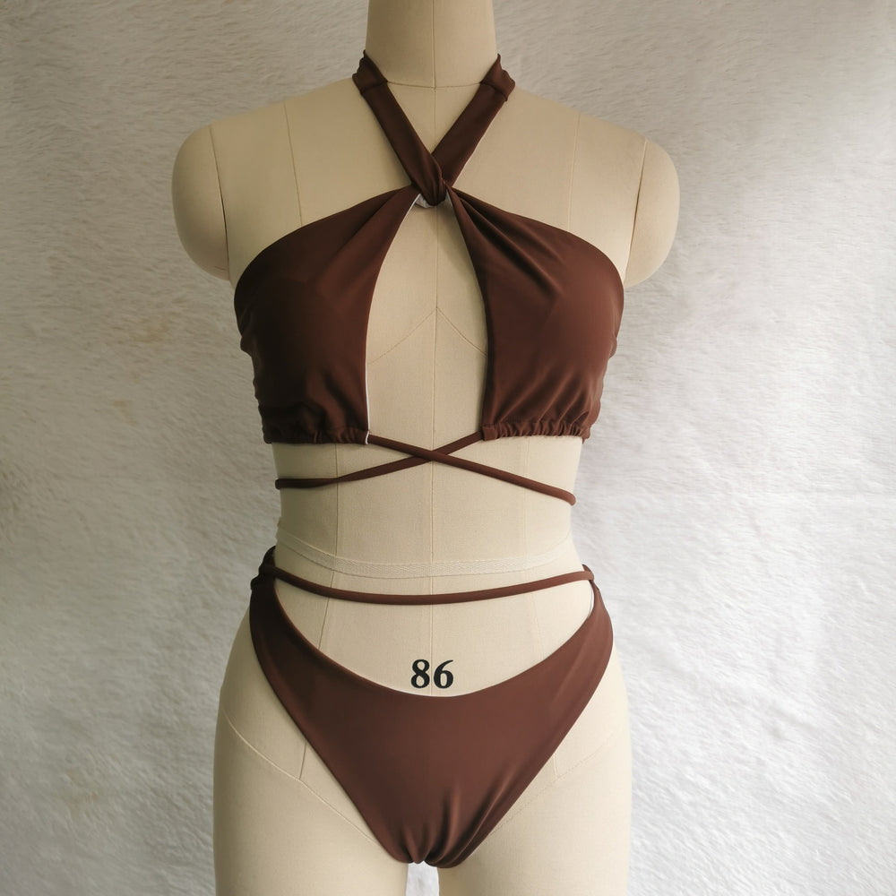 Split Tether Criss Cross Halterneck Bikini Sexy Swimsuit Bikini Solid Color Swimsuit