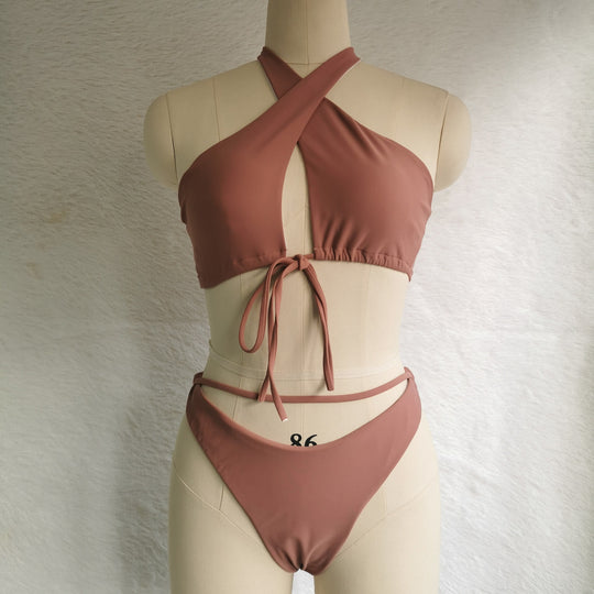 Split Tether Criss Cross Halterneck Bikini Sexy Swimsuit Bikini Solid Color Swimsuit