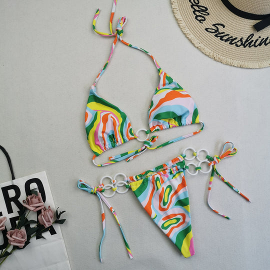 New Bikini Sexy Swimsuit Multi Color Digital Printed Lace up Triangle Swimsuit