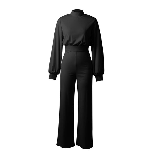 Solid Color Turtleneck Backless Long Sleeves Casual One piece Trousers