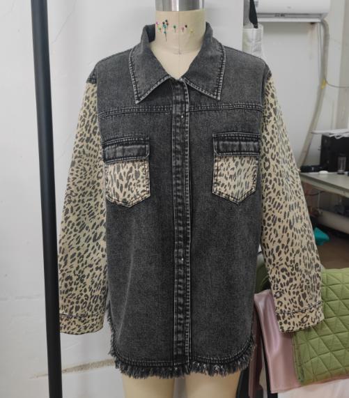 Ladies Design Cotton Leopard Print Denim Distressed Burr Collared Button Long Sleeve Shirt