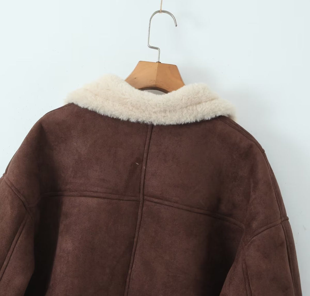 Women Clothing Autumn Winter Retro Lamb Wool Collared Loose Casual Warm Jacket