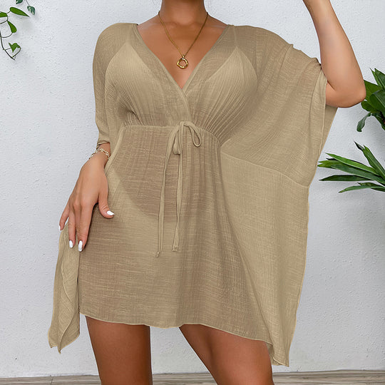 Drop Shoulder Loose Beach Cover-up Solid Color Sun Protection Shirt Waist Trimming Lace up Beach Cover Up
