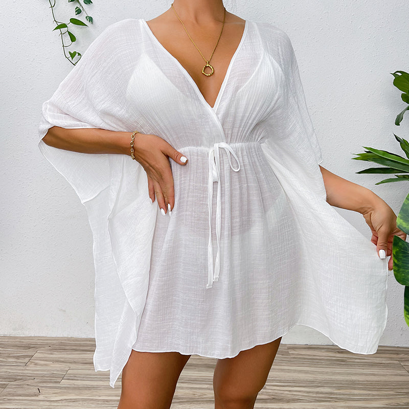 Drop Shoulder Loose Beach Cover-up Solid Color Sun Protection Shirt Waist Trimming Lace up Beach Cover Up