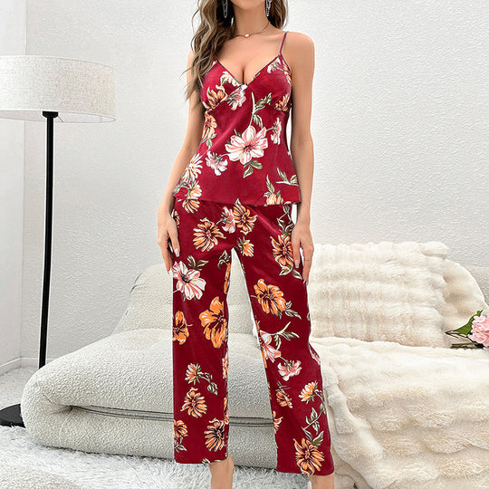 Printing Backless Slip Dress Sexy Casual Pajamas Set Women Simple Artificial Silk Home Wear