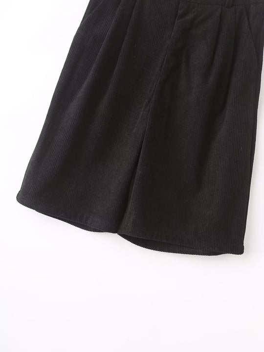 Winter Women All Match Solid Color High Waist Small Pleated Corduroy Wide Leg Casual Shorts