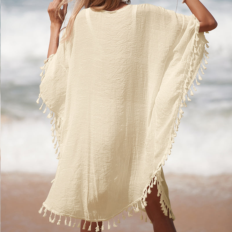 Vacation Hand Crocheting Solid Color Stitching Beach Loose Skirt Fimbrilla Sun Protection Short Sexy Beach Blouse