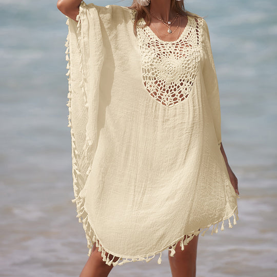 Vacation Hand Crocheting Solid Color Stitching Beach Loose Skirt Fimbrilla Sun Protection Short Sexy Beach Blouse