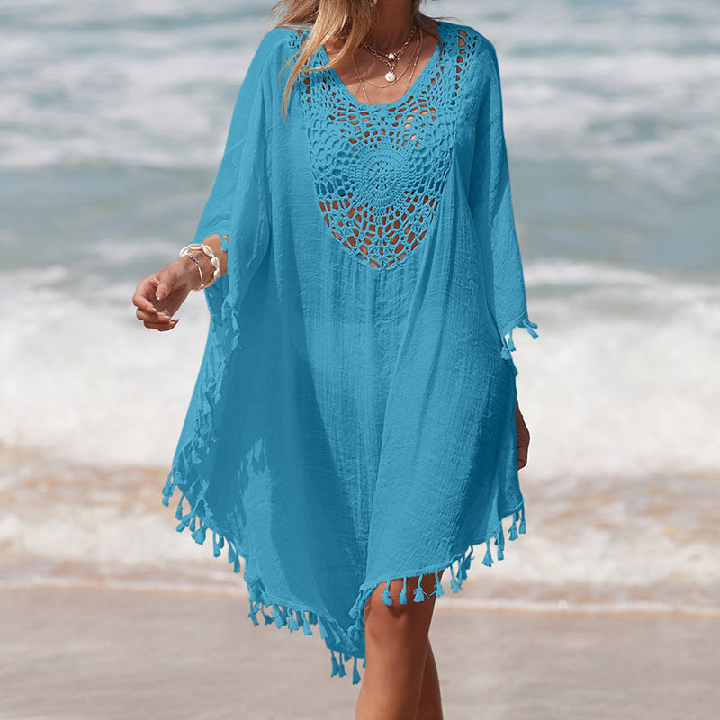 Vacation Hand Crocheting Solid Color Stitching Beach Loose Skirt Fimbrilla Sun Protection Short Sexy Beach Blouse