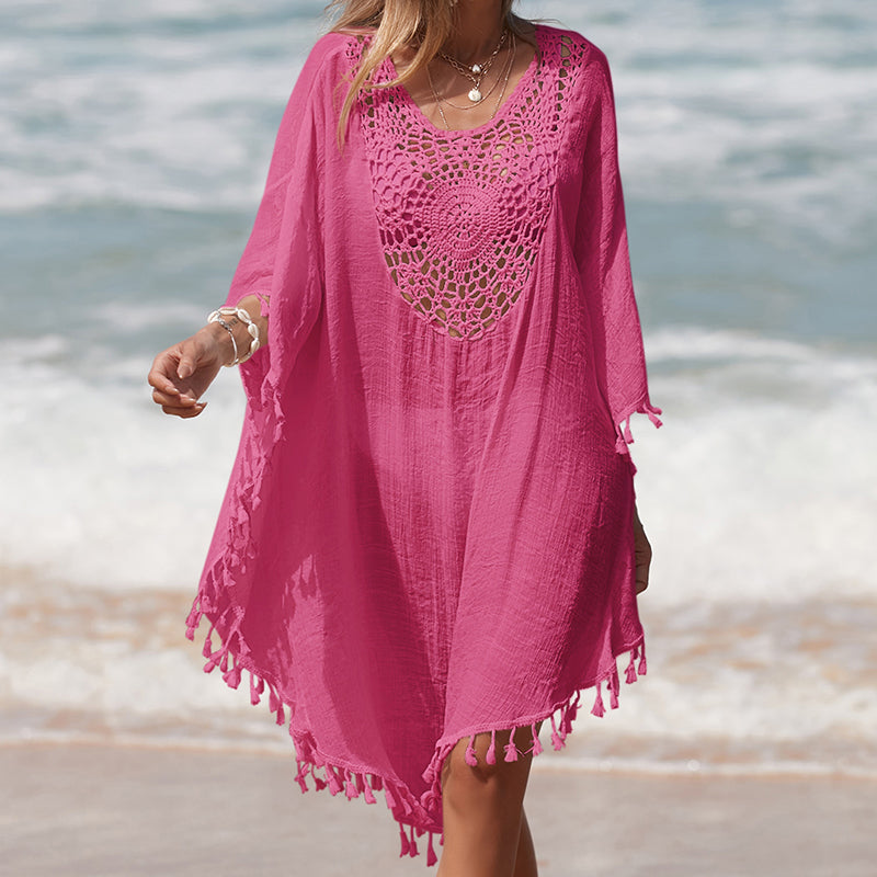 Vacation Hand Crocheting Solid Color Stitching Beach Loose Skirt Fimbrilla Sun Protection Short Sexy Beach Blouse