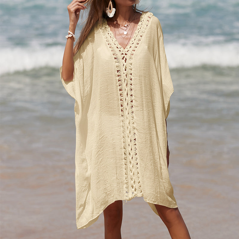 Holiday Crochet Stitching Solid Color Beach Loose See-through Sun Protection Mid Length Sexy Beach Blouse