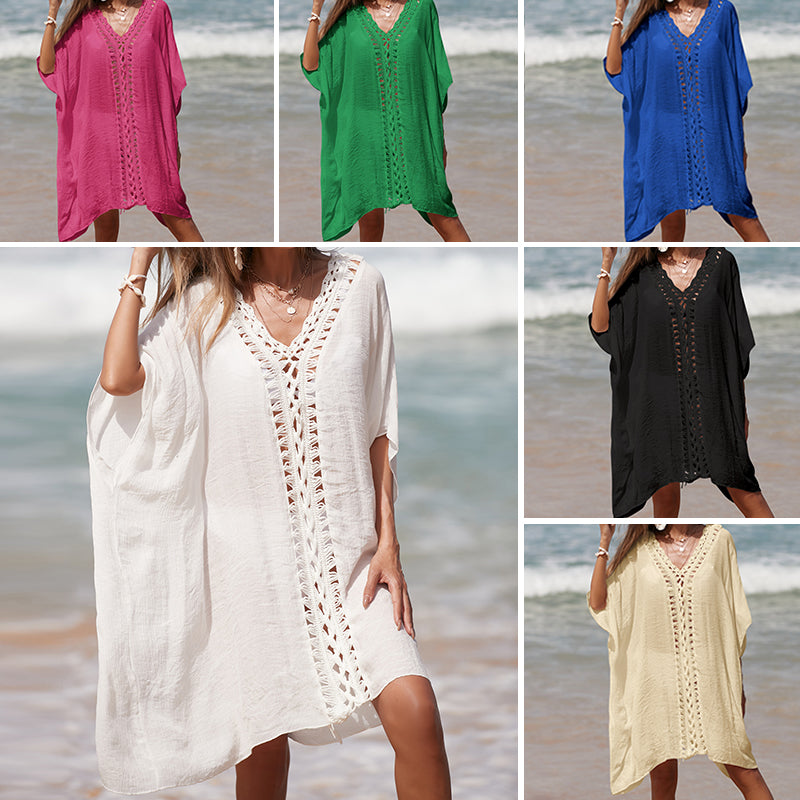 Holiday Crochet Stitching Solid Color Beach Loose See-through Sun Protection Mid Length Sexy Beach Blouse