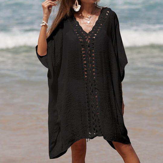 Holiday Crochet Stitching Solid Color Beach Loose See-through Sun Protection Mid Length Sexy Beach Blouse