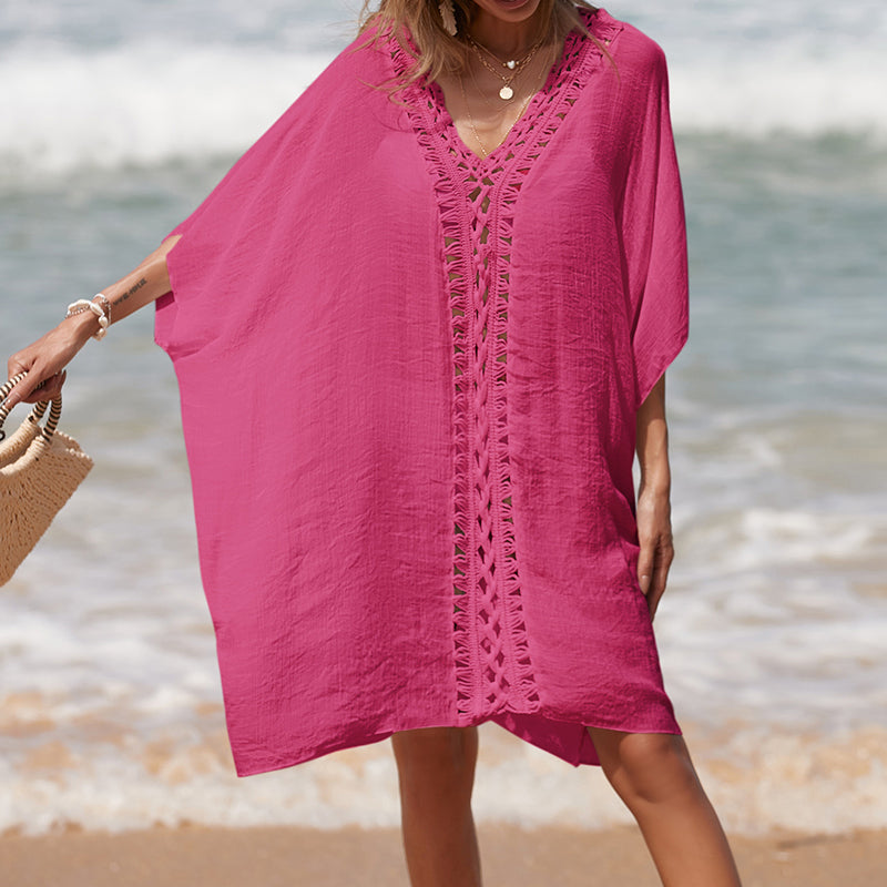 Holiday Crochet Stitching Solid Color Beach Loose See-through Sun Protection Mid Length Sexy Beach Blouse