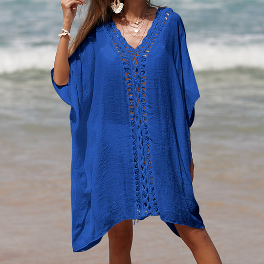 Holiday Crochet Stitching Solid Color Beach Loose See-through Sun Protection Mid Length Sexy Beach Blouse