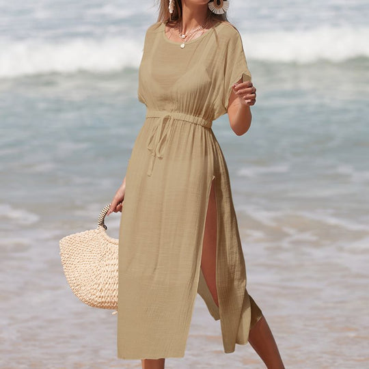 Vacation Solid Color round Neck Waist Trimming High Slit Sunscreen Sexy See through Bikini Smock Dress