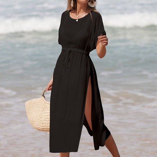 Vacation Solid Color round Neck Waist Trimming High Slit Sunscreen Sexy See through Bikini Smock Dress