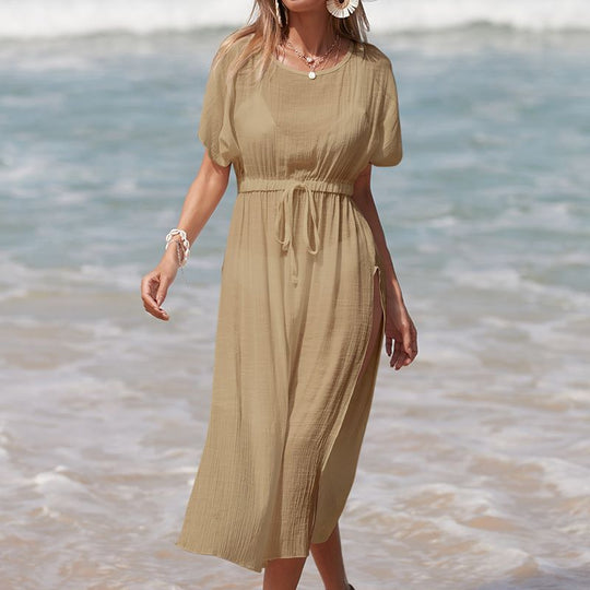 Vacation Solid Color round Neck Waist Trimming High Slit Sunscreen Sexy See through Bikini Smock Dress