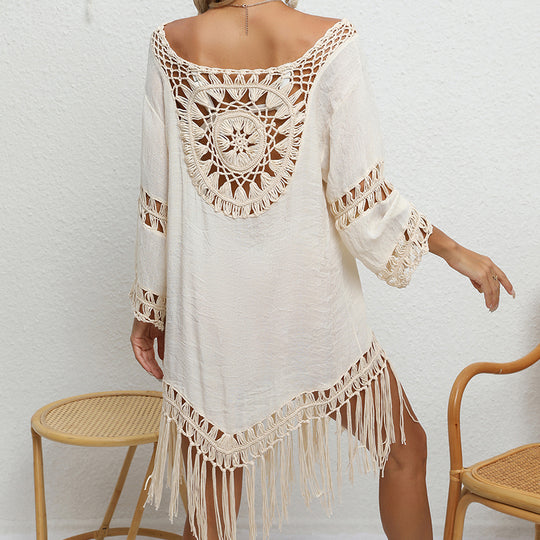 Holiday Crochet Solid Color Stitching Long Sleeve Beach Tassel Sun-Proof Sexy Cutout See through Smock Dress