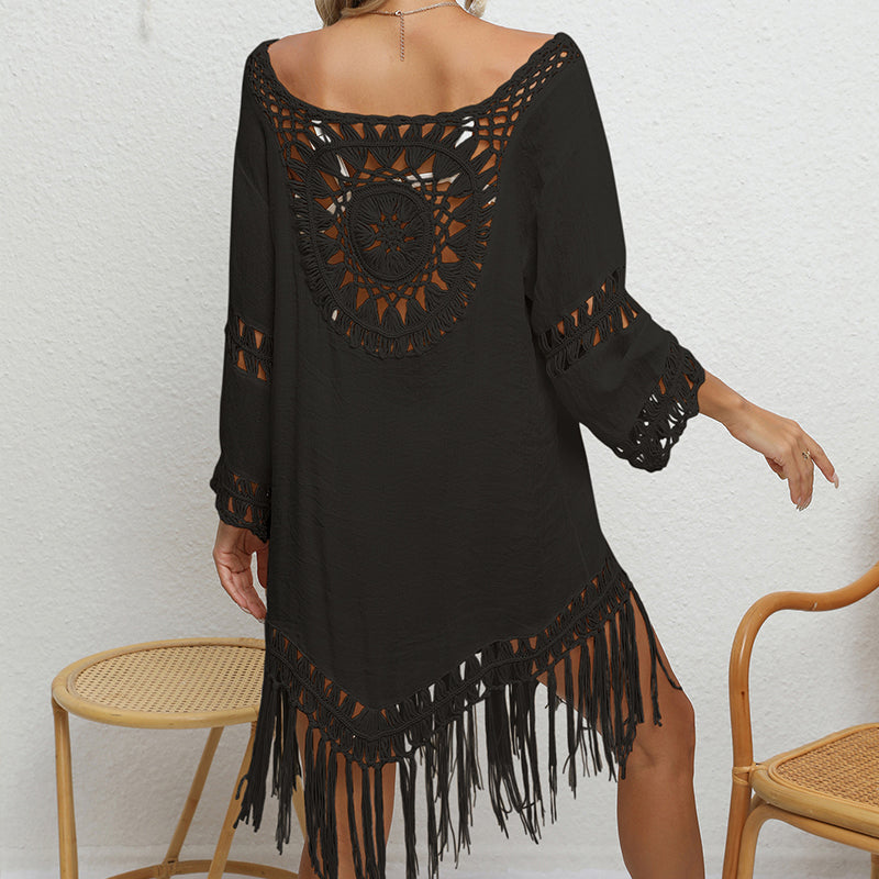 Holiday Crochet Solid Color Stitching Long Sleeve Beach Tassel Sun-Proof Sexy Cutout See through Smock Dress