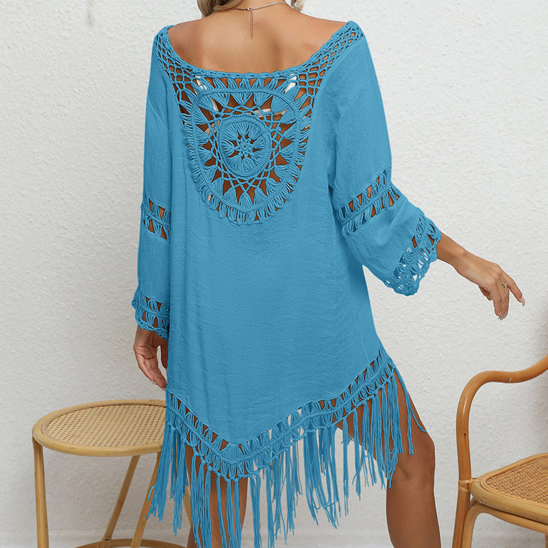 Holiday Crochet Solid Color Stitching Long Sleeve Beach Tassel Sun-Proof Sexy Cutout See through Smock Dress