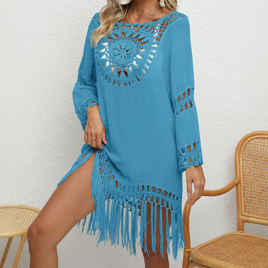 Holiday Crochet Solid Color Stitching Long Sleeve Beach Tassel Sun-Proof Sexy Cutout See through Smock Dress