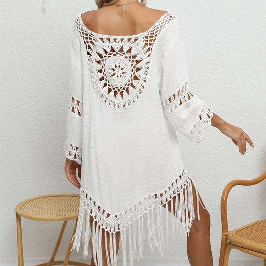 Holiday Crochet Solid Color Stitching Long Sleeve Beach Tassel Sun-Proof Sexy Cutout See through Smock Dress