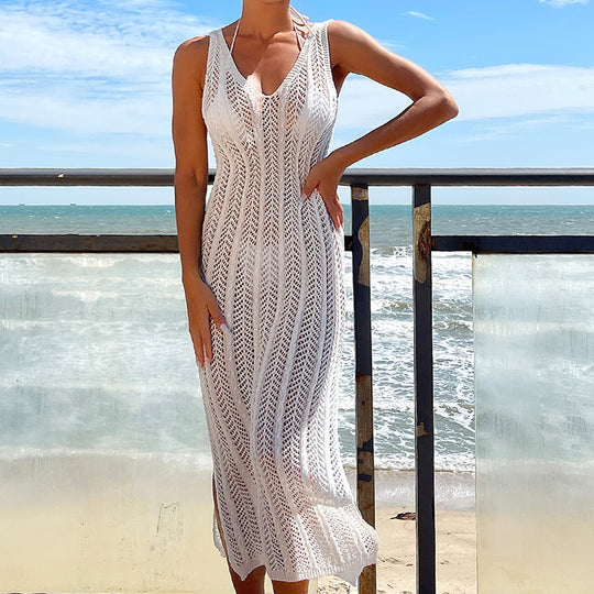 Women Clothing Travel Vacation Sexy V-neck Solid Color Breathable Long Dress Beach Sun Shield