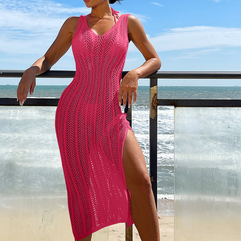 Women Clothing Travel Vacation Sexy V-neck Solid Color Breathable Long Dress Beach Sun Shield