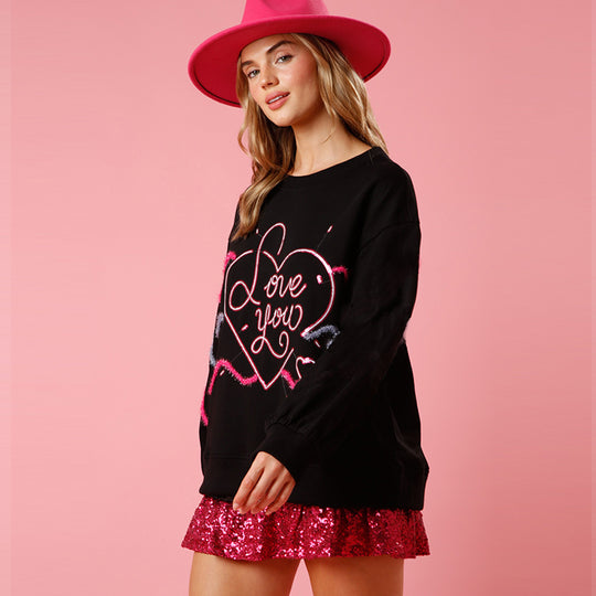 Spring Valentine Day Love Sequin Sweater Women Loose Round Neck Knitted Top