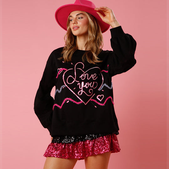 Spring Valentine Day Love Sequin Sweater Women Loose Round Neck Knitted Top