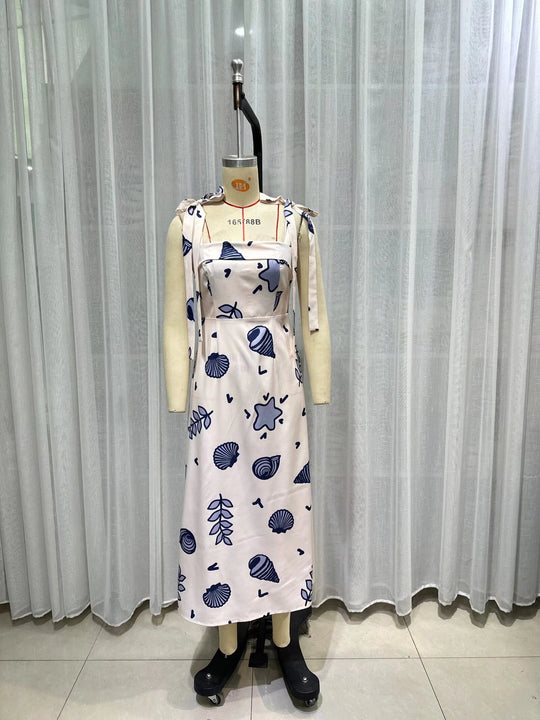 Summer Imitation Cotton Linen Beach Holiday Large Swing Dress Hand Painted Printed Sexy Backless Spaghetti Straps Long Dress