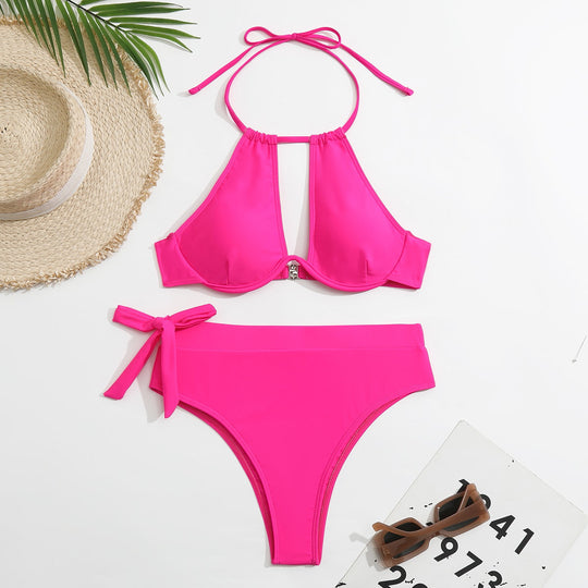 Solid Color Split Swimsuit Foreign Single Women Swimsuit Gathering Steel Bracket Rope Solid Color Swimsuit