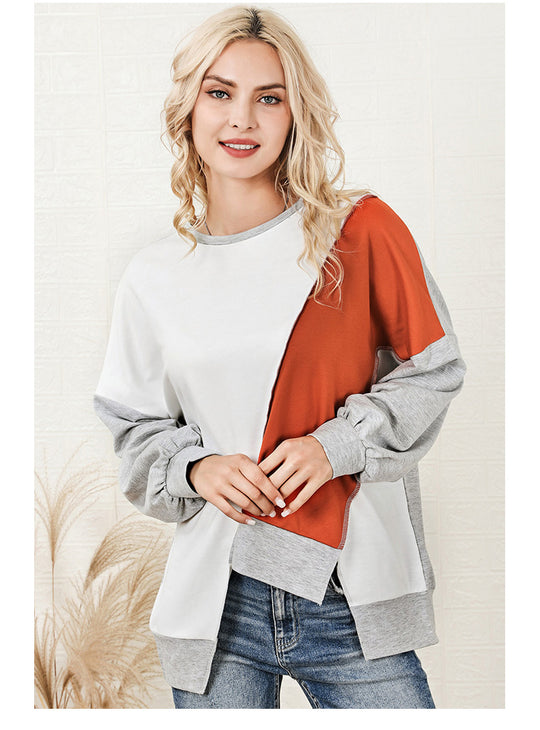 Top Women Autumn Loose Irregular Asymmetric Long Sleeve Contrast Color Knitted Women Sweater