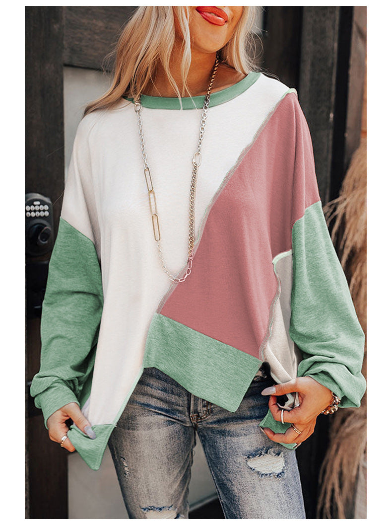 Top Women Autumn Loose Irregular Asymmetric Long Sleeve Contrast Color Knitted Women Sweater