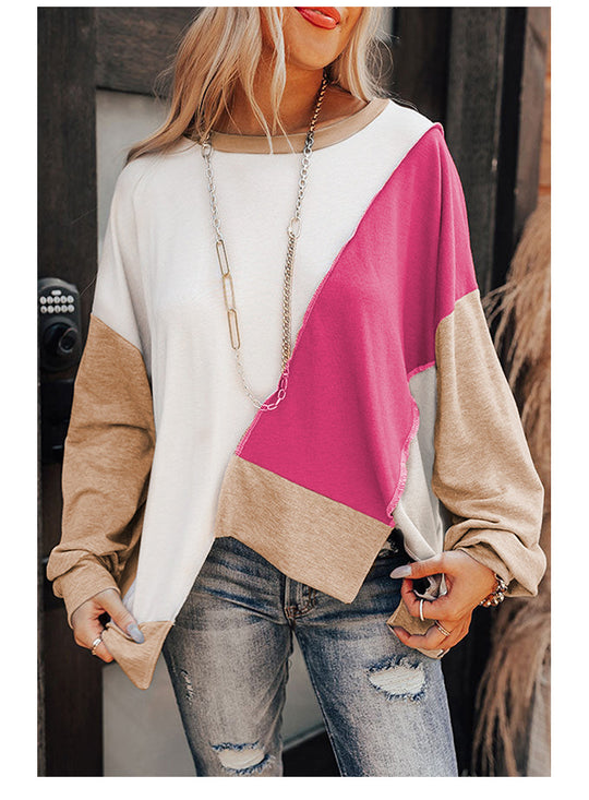 Top Women Autumn Loose Irregular Asymmetric Long Sleeve Contrast Color Knitted Women Sweater