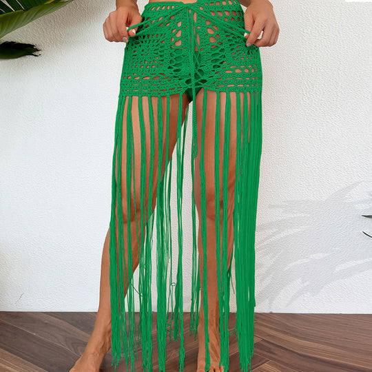 Vacation Sun Protection Hand Crocheting Lace up Beach Overskirt Hand Crocheting Hollow Out Cutout Long Fringe Skirt