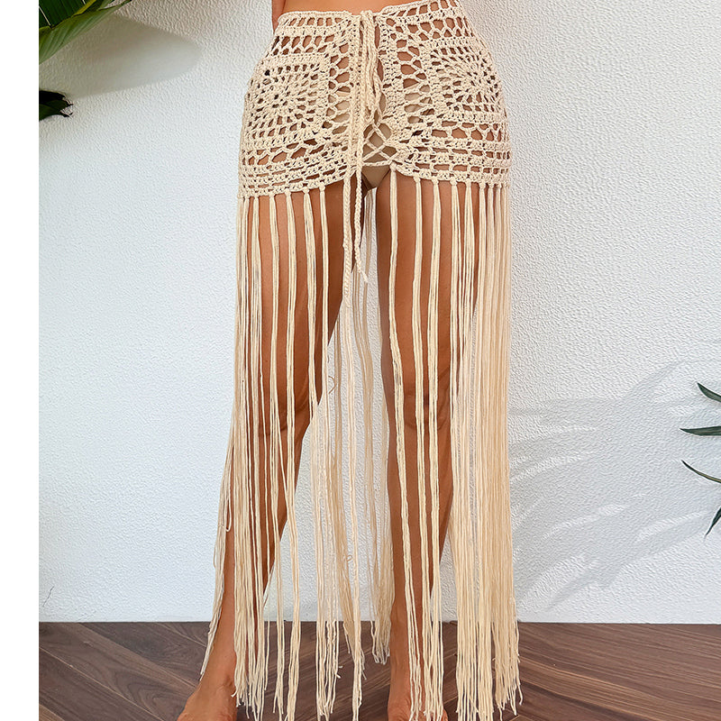 Vacation Sun Protection Hand Crocheting Lace up Beach Overskirt Hand Crocheting Hollow Out Cutout Long Fringe Skirt