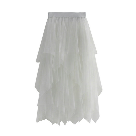 Autumn Clothing High Waist Super Fairy Slimming Bud Irregular Asymmetric Mesh Skirt Women
