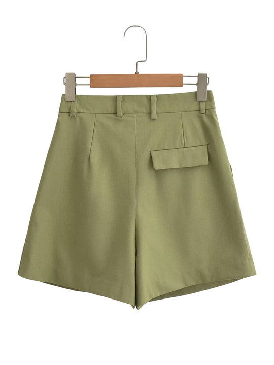 Women Clothing Casual High Waist Linen Blended Basic Double Pleated Straight Shorts