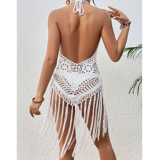 Beach Vacation Sexy Big Backless Hand Crocheting Lace Up Cutout Tassel Bikini Short Top