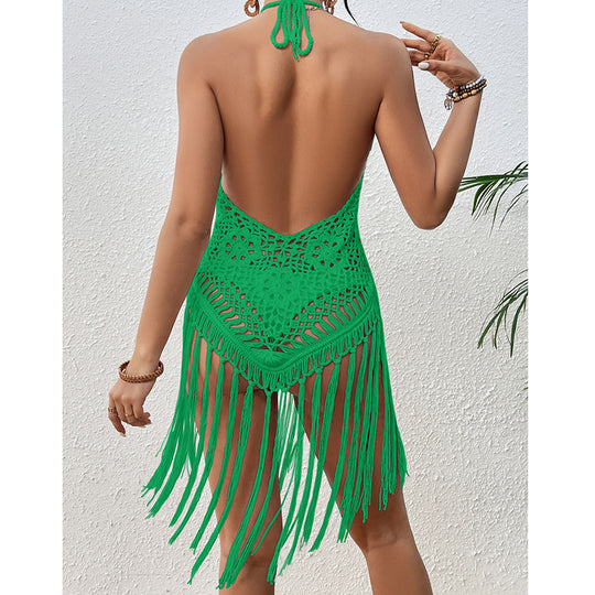 Beach Vacation Sexy Big Backless Hand Crocheting Lace Up Cutout Tassel Bikini Short Top