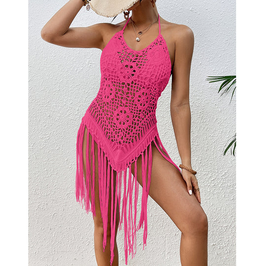 Beach Vacation Sexy Big Backless Hand Crocheting Lace Up Cutout Tassel Bikini Short Top