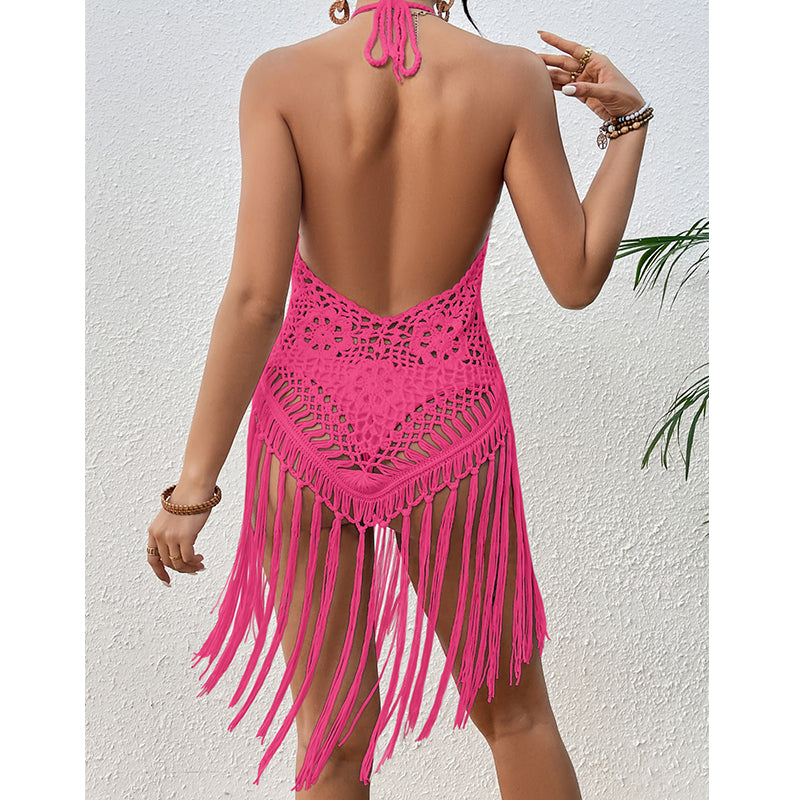 Beach Vacation Sexy Big Backless Hand Crocheting Lace Up Cutout Tassel Bikini Short Top