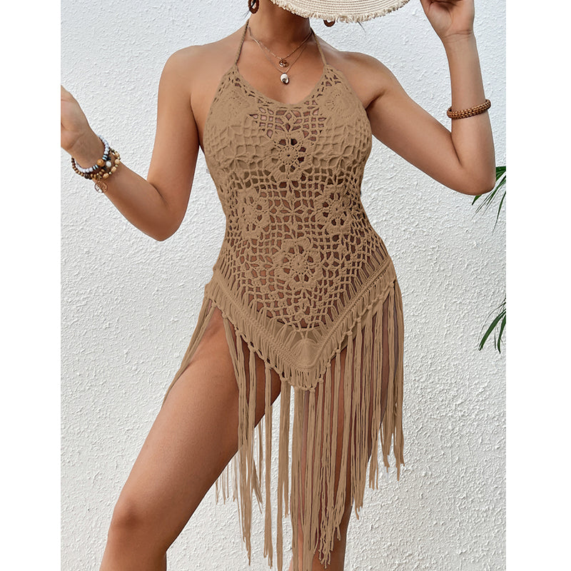 Beach Vacation Sexy Big Backless Hand Crocheting Lace Up Cutout Tassel Bikini Short Top