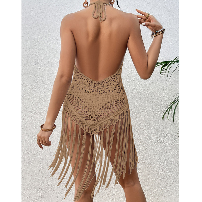 Beach Vacation Sexy Big Backless Hand Crocheting Lace Up Cutout Tassel Bikini Short Top